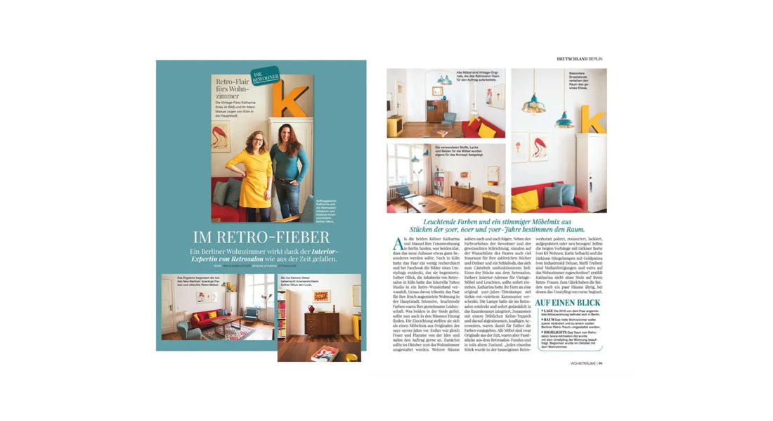 Retro-inspiriertes Wohnzimmer mit bunten Vintage-Möbeln, modernem Design und kreativer Deko.