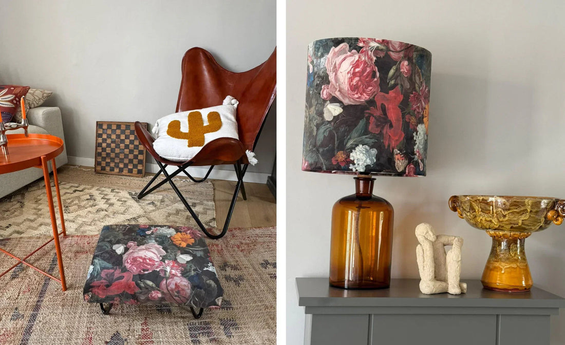 Wohnzimmer mit DIY-Dekoration: Blumenhocker, brauner Sessel, Vintage-Lampe und Keramikschale
