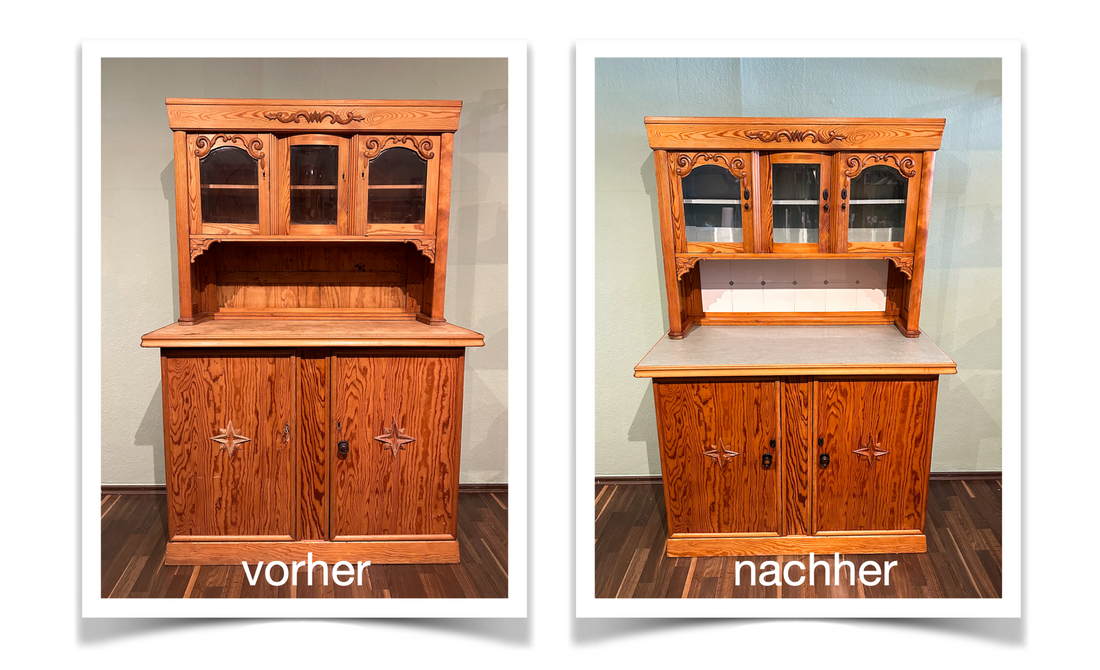 Vorher-nachher Vergleich restaurierter Küchenschrank, Werkstattfürschönes Düsseldorf