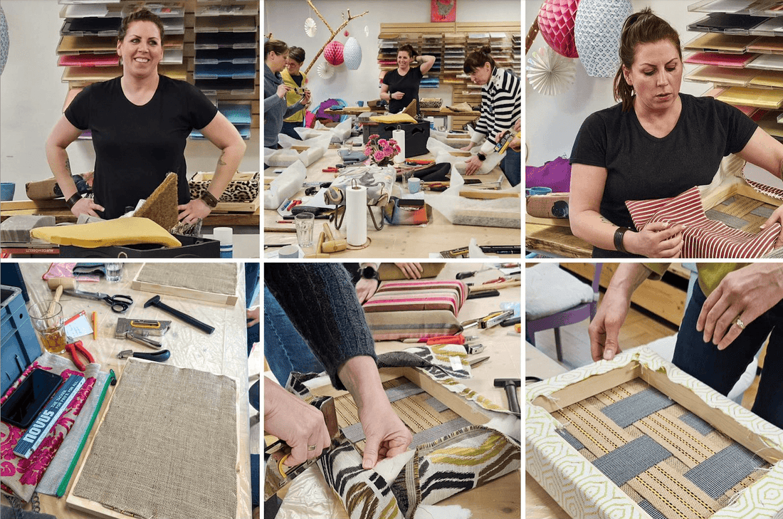 Polster-Workshop in der Werkstattfürschönes Düsseldorf, kreative Teilnehmer beim Möbelaufarbeiten