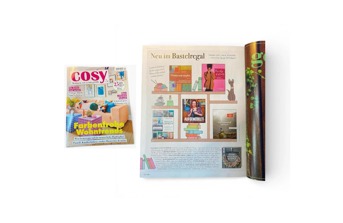 COSY Magazin mit bunter Wohntrend-Titelseite und DIY-Buchvorstellung im Magazin-Layout.