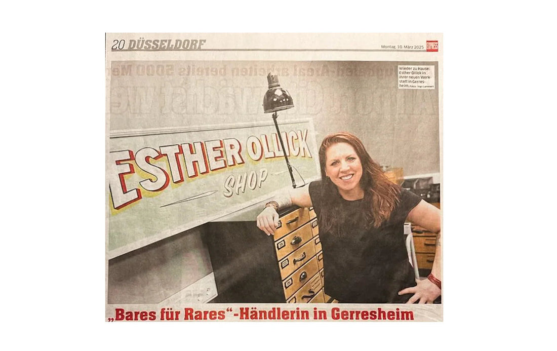 Frau in Werkstatt für Schönes Düsseldorf-Gerresheim, vor Schild 'Esther Ollick Shop', DIY Workshop