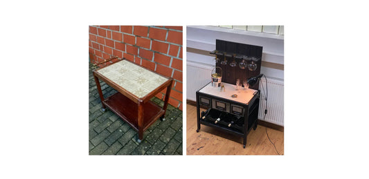 Vorher-nachher Bild: Alter Servierwagen wird in moderner DIY Werkstatt-Bar umgestaltet, Möbelaufarbeitung Werkstattfürschönes Düsseldorf.