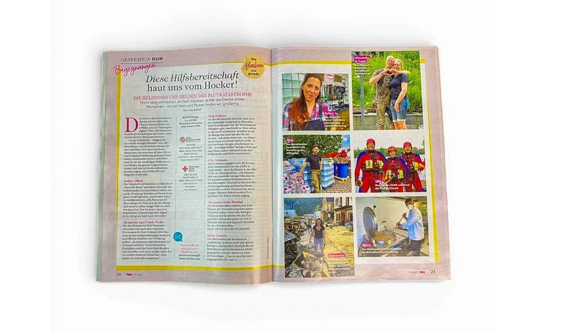 Aufgeschlagenes Magazin mit Bericht über Hilfsbereitschaft, Fotos von Helfern, Werkstatt für Schönes.