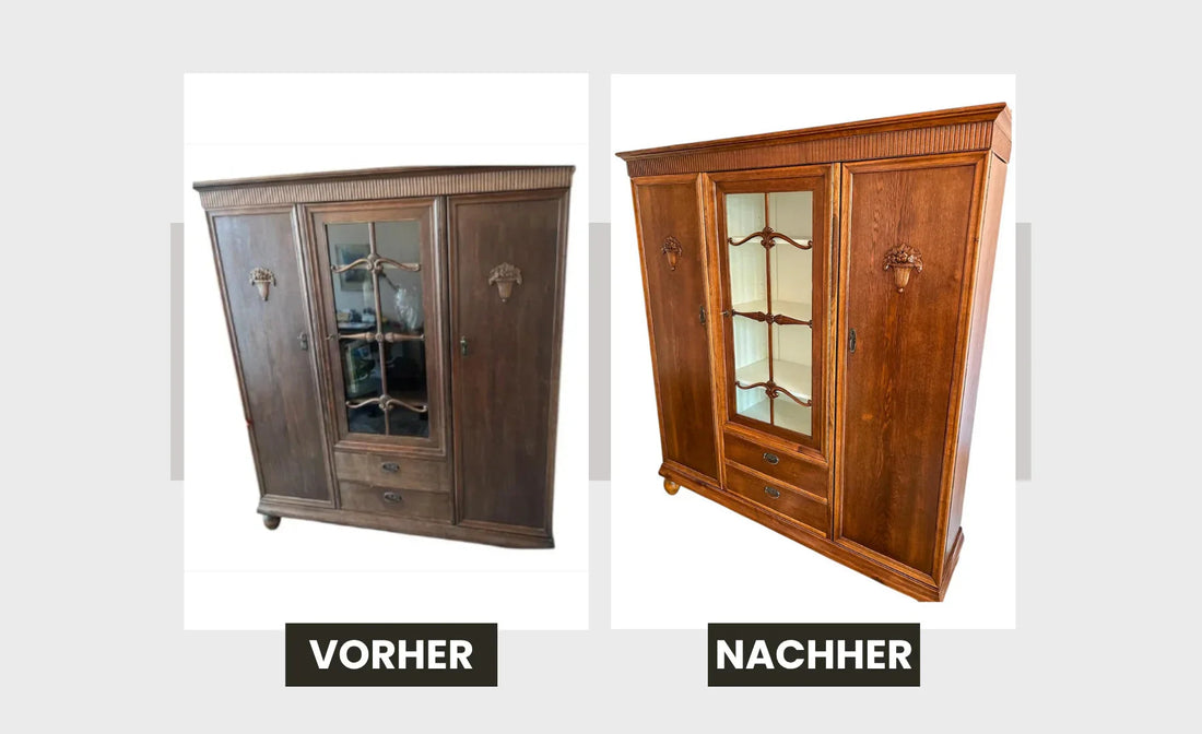 Vorher-nachher Bild restaurierter Holzschrank, Möbelaufarbeitung Werkstattfürschönes Düsseldorf