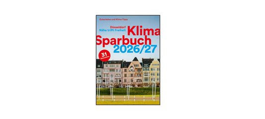 Cover des Klimasparbuchs Düsseldorf 2026/27 mit bunten Häusern und Gutscheinen, Werkstattfürschönes