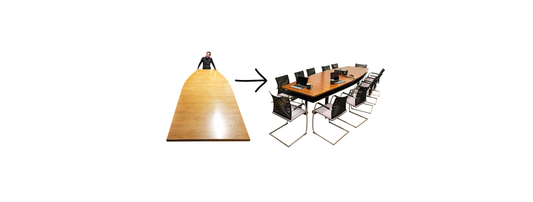 vorher–nachher: 3,60 m Mid-Century-Tisch