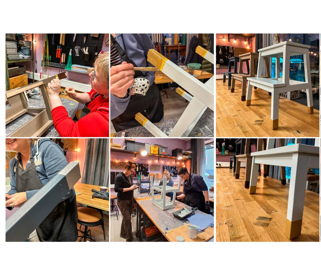 Workshop in Düsseldorf: Teilnehmer lackieren Hockerbeine mit goldener Farbe in Werkstattfürschönes