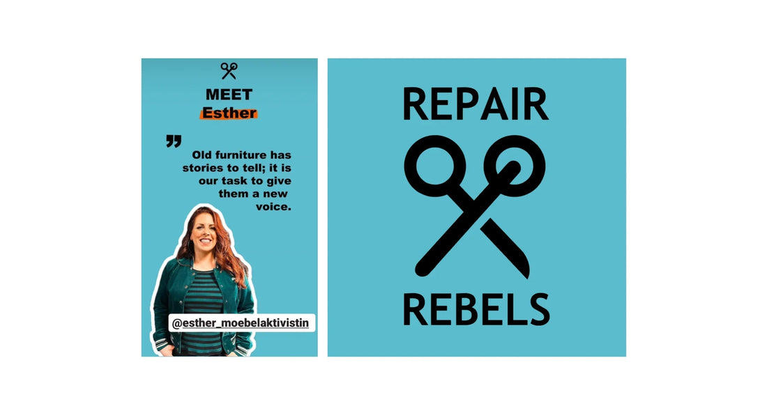 Frau vor blauem Hintergrund, Text über Möbelaufarbeitung, Repair Rebels Logo mit Schere, Werkstattfürschönes