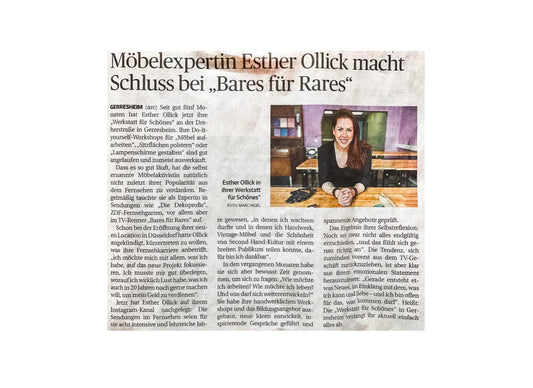 Zeitungsartikel über Esther Ollicks Ausstieg bei Bares für Rares, Workshop in Düsseldorfer Werkstatt für Schönes