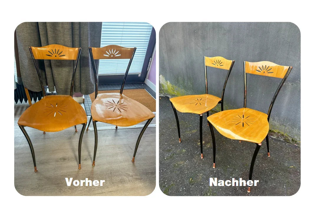 Vorher-nachher Vergleich von restaurierten Holzstühlen in Werkstatt für Schönes Düsseldorf