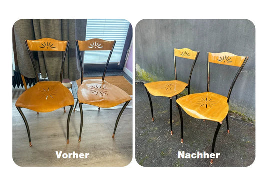 Vorher-nachher Vergleich von restaurierten Holzstühlen in Werkstatt für Schönes Düsseldorf