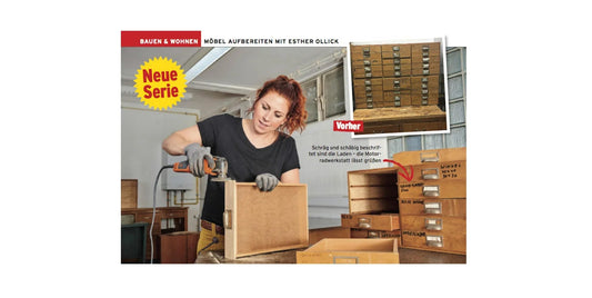 Frau arbeitet in Werkstatt an Holzschublade, Schubladenschrank im Hintergrund, DIY Möbelaufarbeitung.