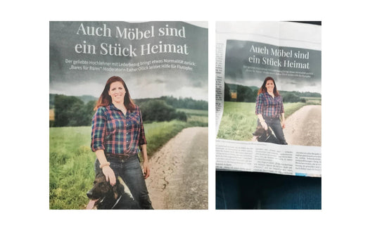 Zeitungsartikel mit Frau in kariertem Hemd und Hund auf Feldweg, Werkstattfürschönes Düsseldorf