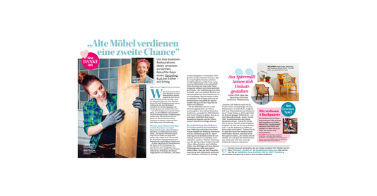 Artikel über Möbelaufarbeitung mit DIY-Workshop, Frau mit Holzbrett, Vorher-Nachher-Sessel, Werkstattfürschönes