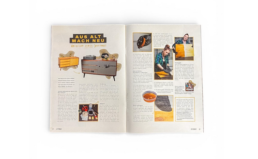 Doppelseite Magazin mit Möbel-Upcycling-Anleitung, Bildern und Tipps aus Werkstattfürschönes Düsseldorf.
