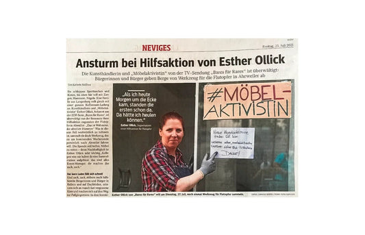 Zeitungsartikel über #Möbelaktivistin Esther Ollick mit Hilfsaktion, Werkstatt für Schönes Düsseldorf