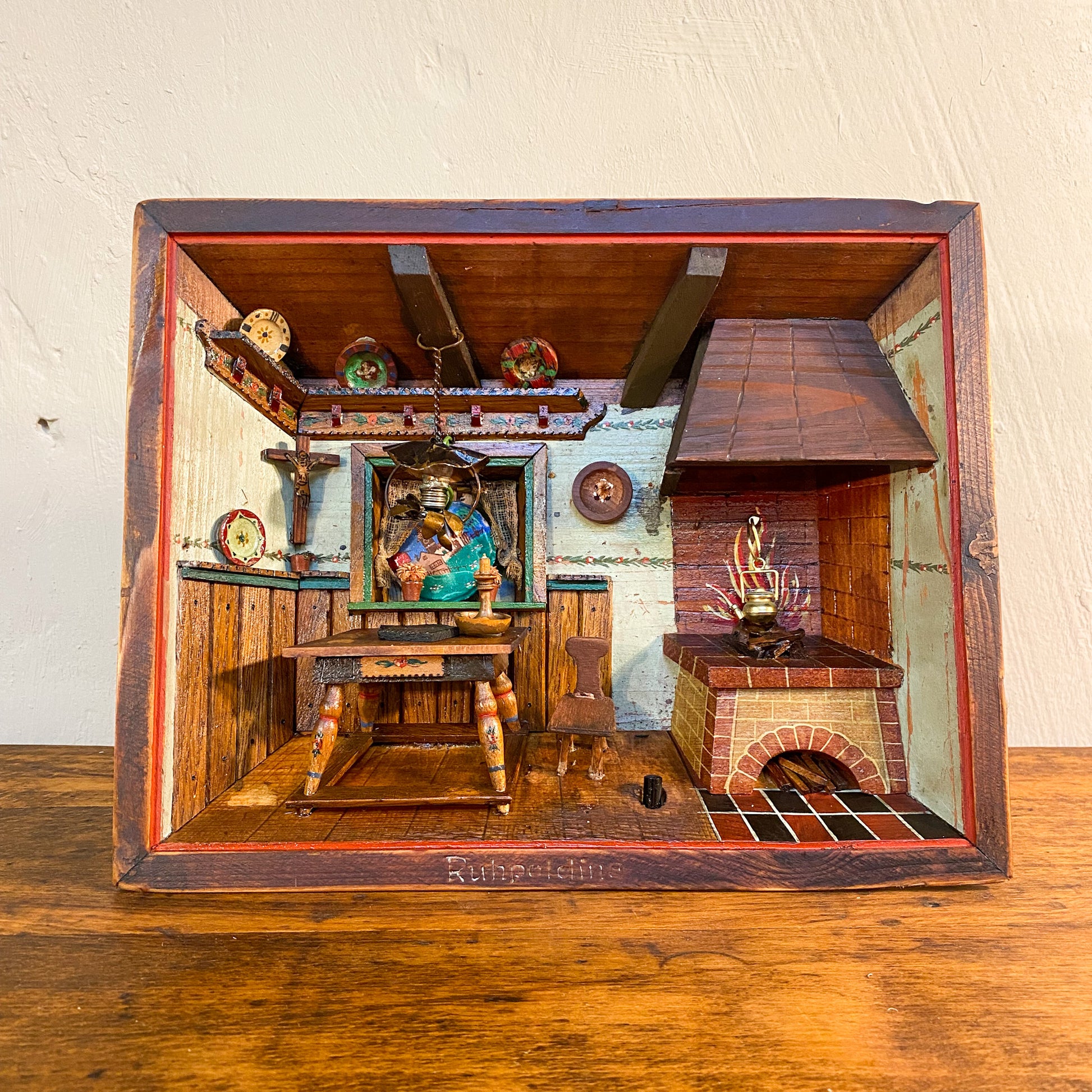 Antikes Diorama "Ruhpolding" Kastenbild Bauernstube mit Interieur, um 1900 - Werkstattfürschönes