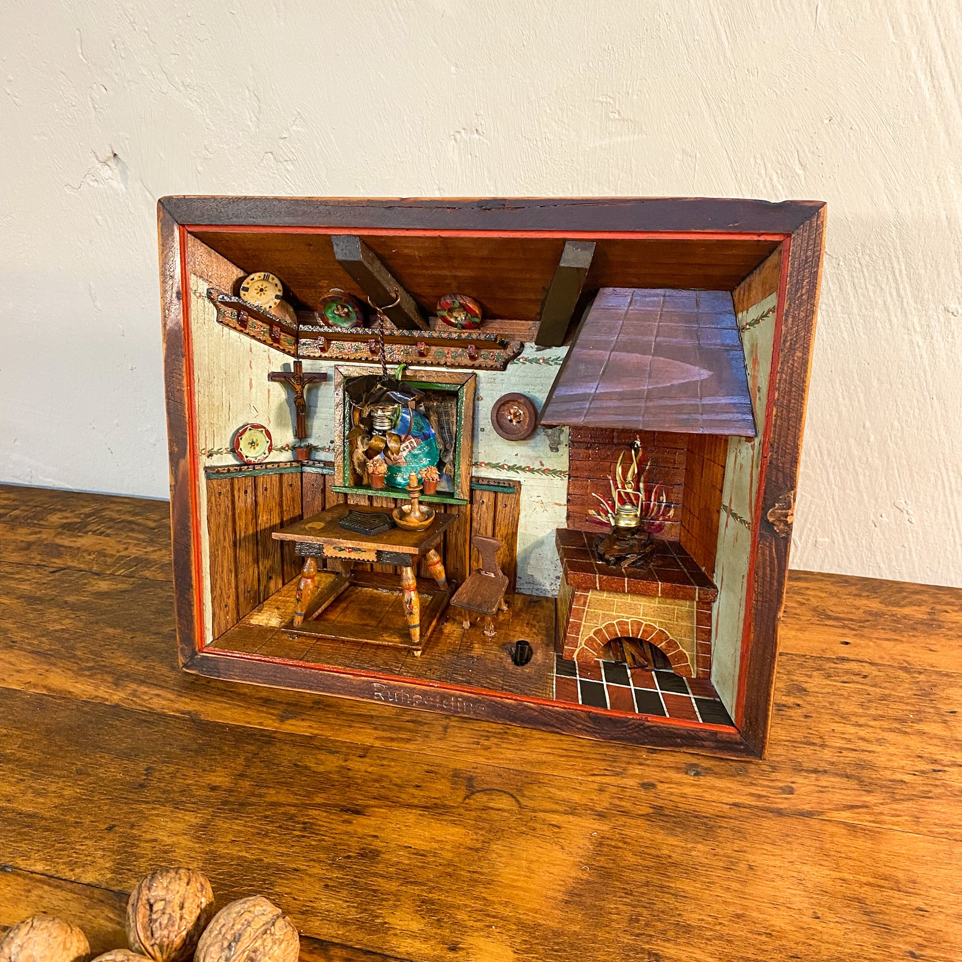 Antikes Diorama "Ruhpolding" Kastenbild Bauernstube mit Interieur, um 1900 - Werkstattfürschönes